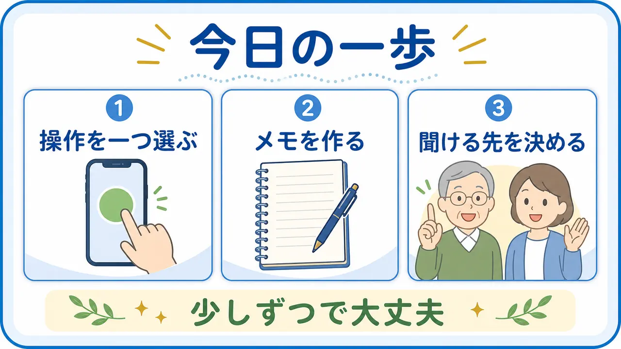 今日の一歩として操作を一つ選び、メモを作り、相談先を決める図