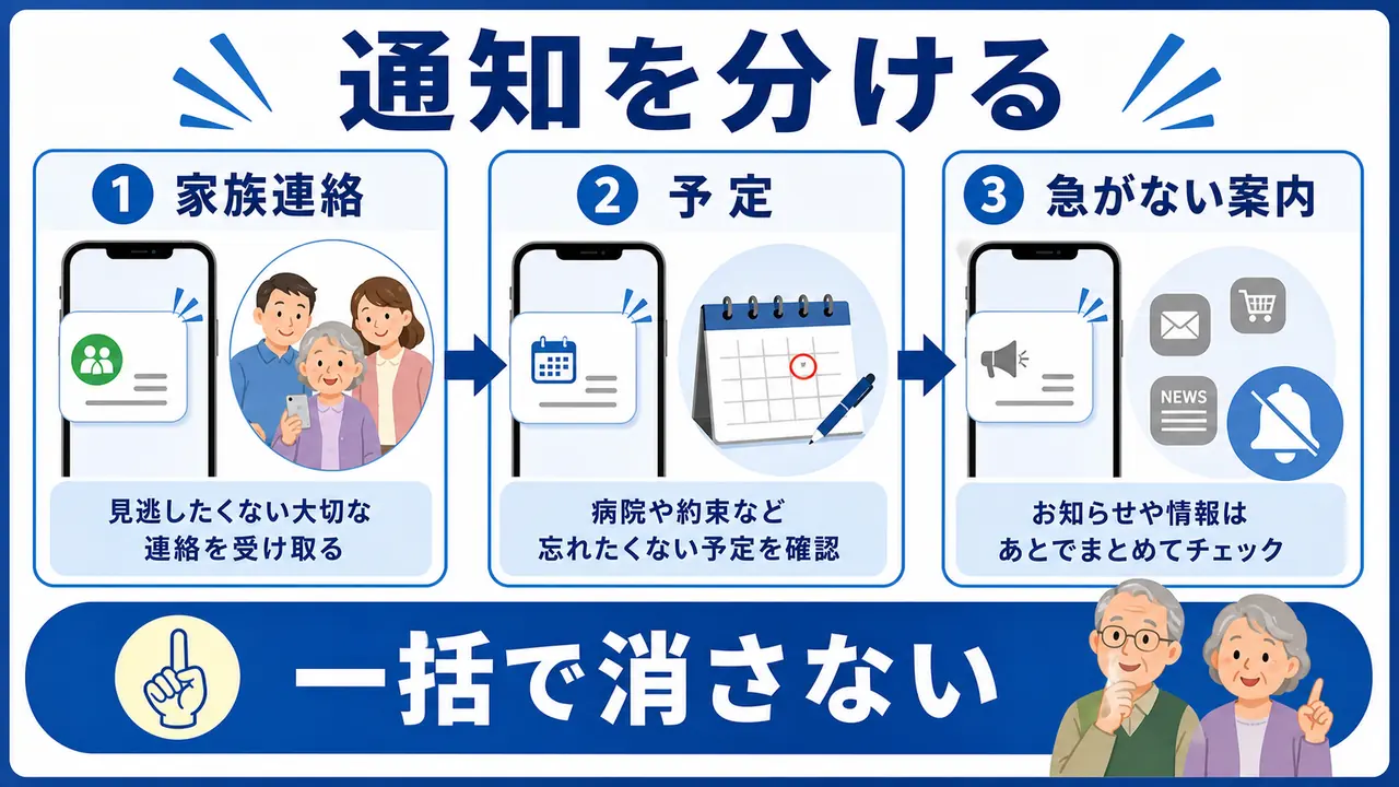 スマホ通知を残すものと止めるものに分ける図