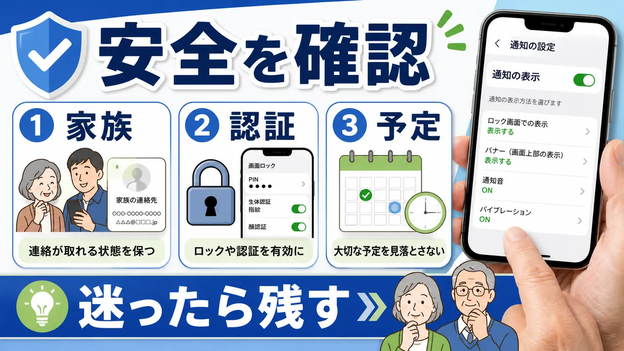 家族連絡、認証、予定、詐欺注意を確認する図