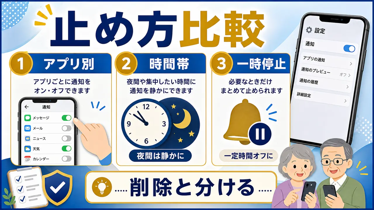 アプリごと、時間帯、一時停止、削除しない方法を比べる図