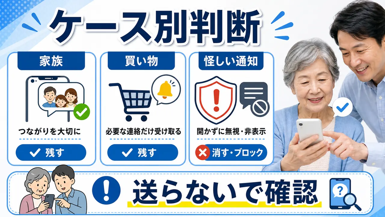 家族連絡、買い物、ニュース、怪しい通知のケース図