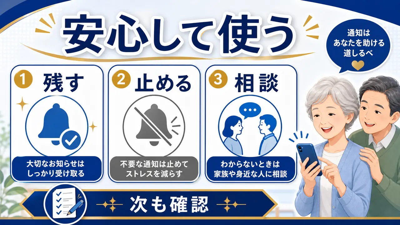 通知を残す、止める、相談する流れのまとめ図