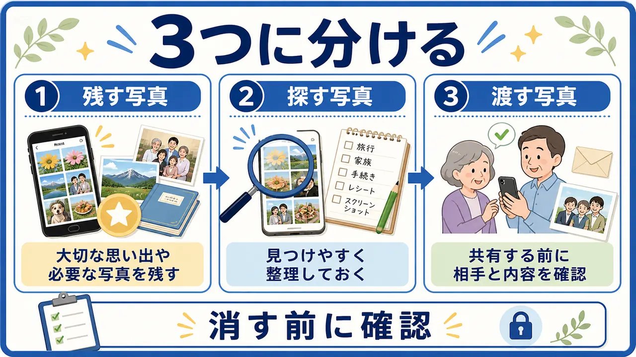 スマホ写真整理を残す写真、探す写真、渡す写真に分ける図