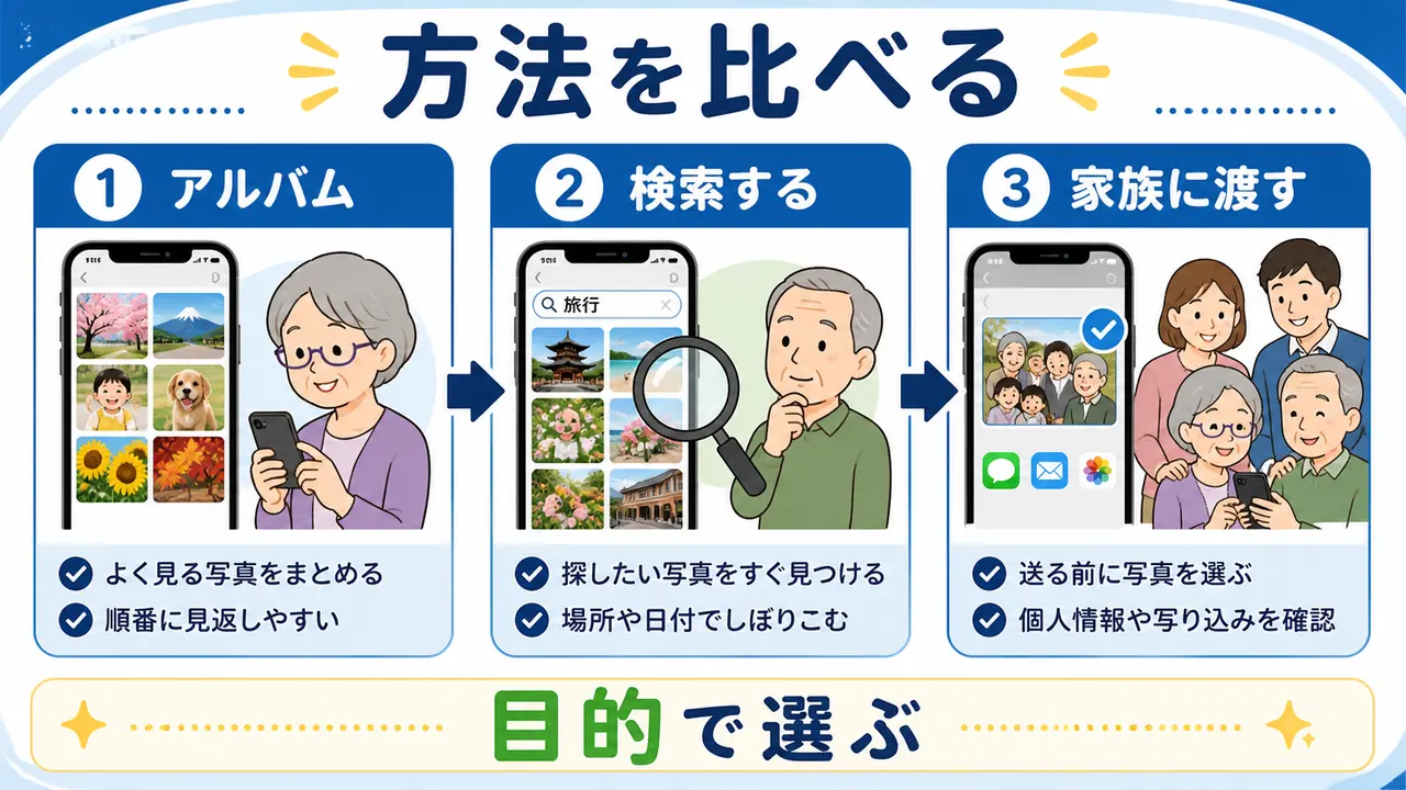 アルバム、検索、家族共有の使い分けを比較する図