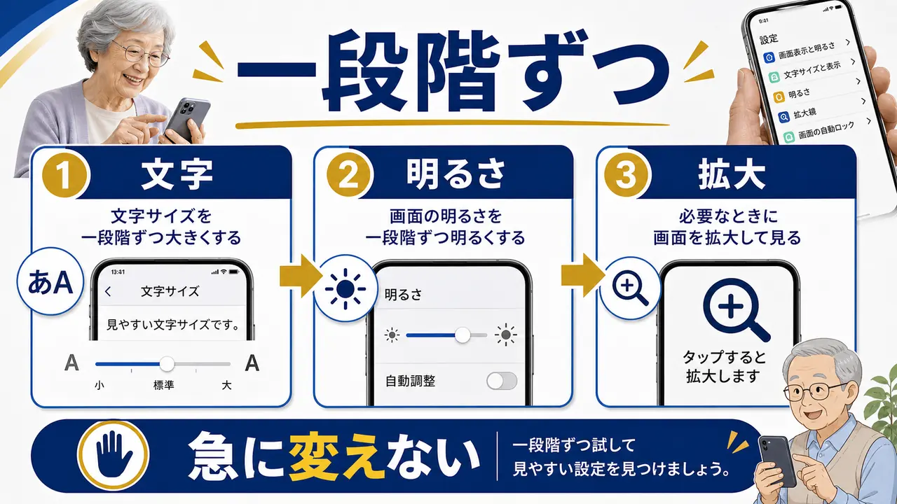 スマホの文字サイズを一段階ずつ試して見やすさを確認する図