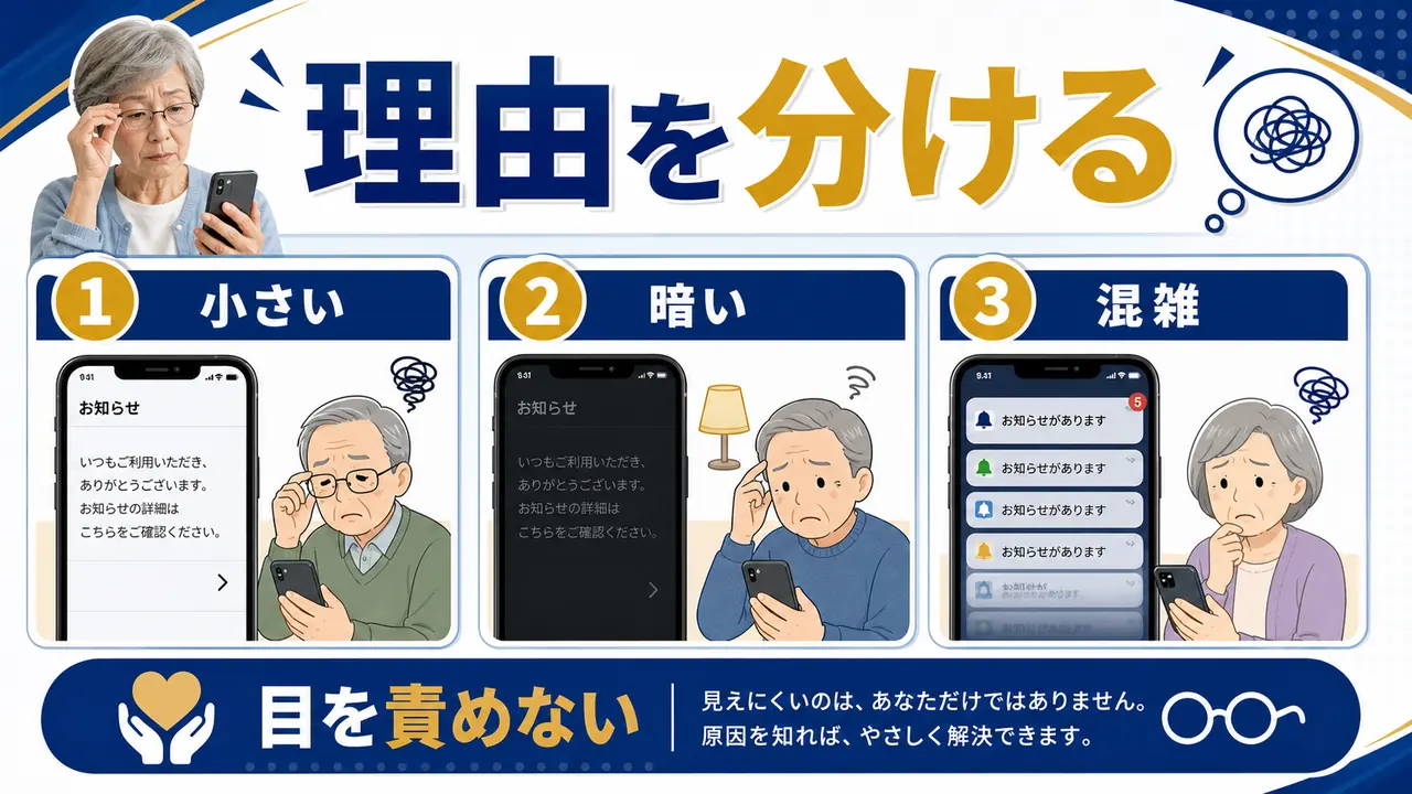 文字サイズ、明るさ、通知、画面の混雑を分ける図