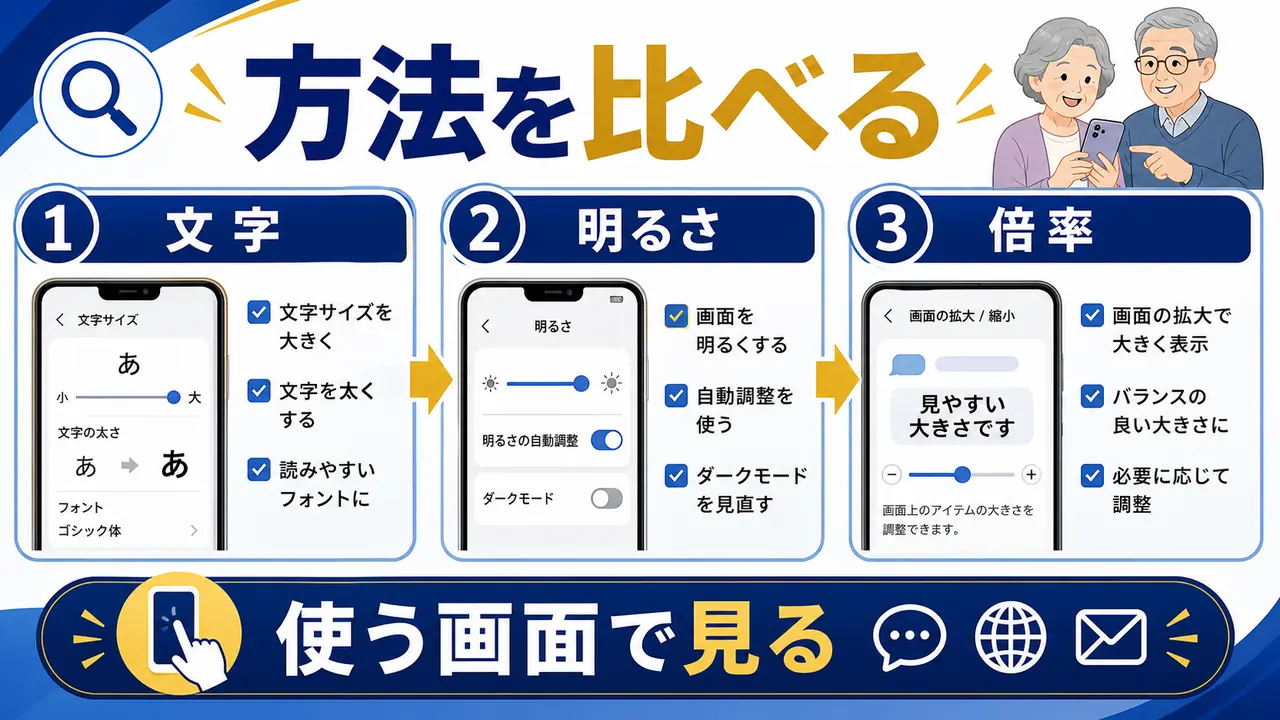 文字サイズ、明るさ、表示倍率、拡大機能を比較する図