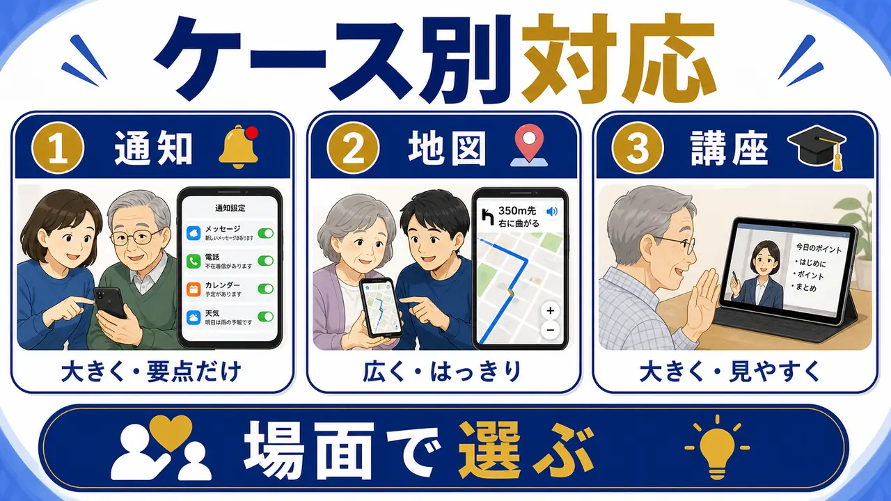 通知、地図、写真、講座画面の読みやすさケース図
