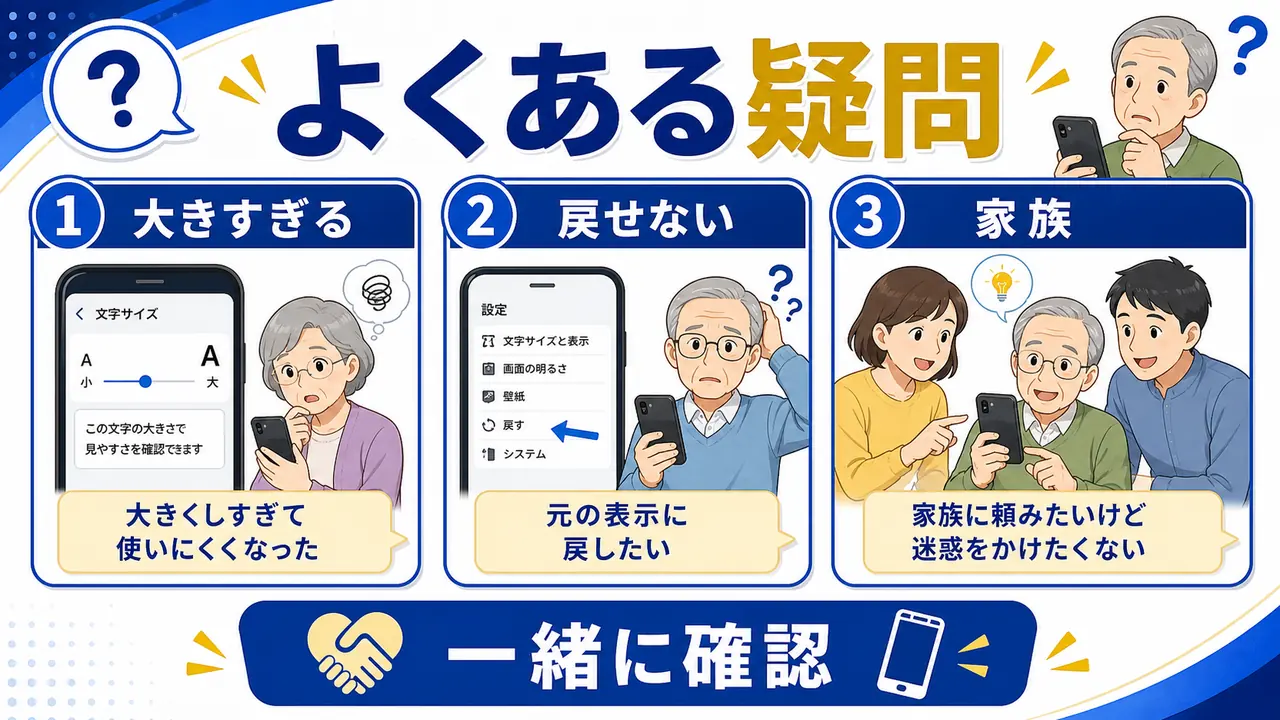 スマホ文字サイズと見やすさ設定でよくある質問を整理する図