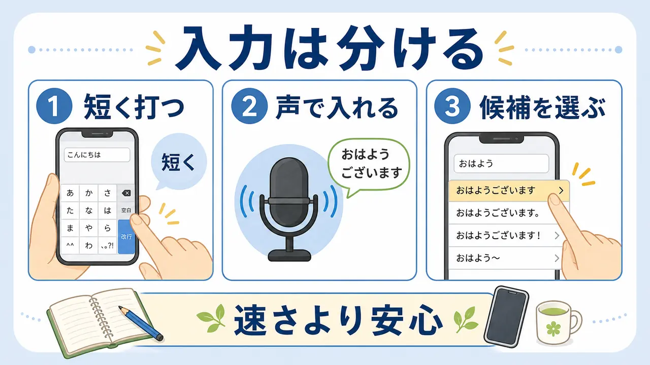 スマホ文字入力を打つ、話す、選ぶに分けて練習する図