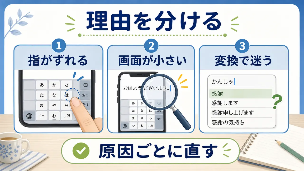 スマホ文字入力が難しい理由を指、画面、変換、焦りに分ける図