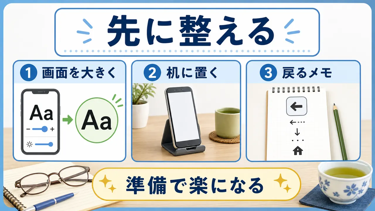 文字入力の前に画面、キーボード、メモを整える図