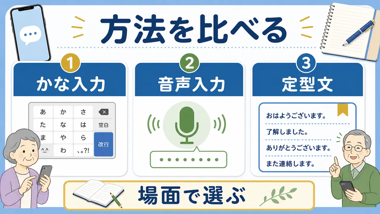かな入力、ローマ字入力、音声入力、定型文を比較する図
