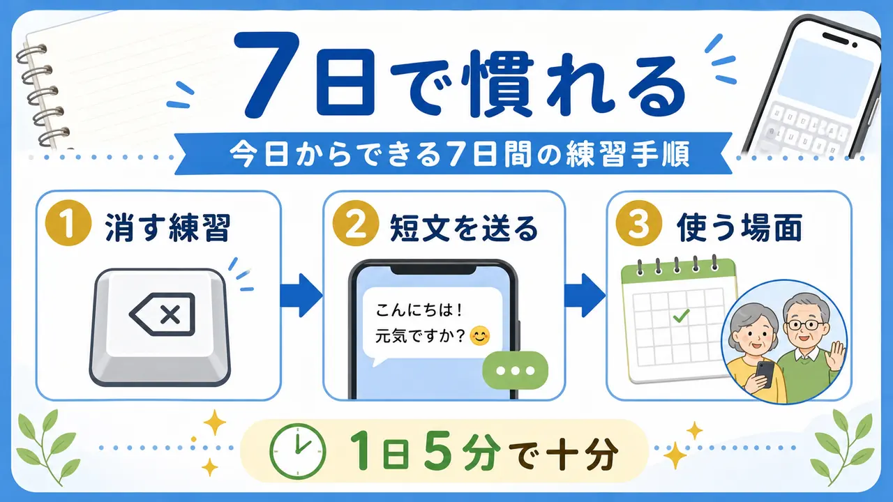 スマホ文字入力を7日間で短く練習する手順の図