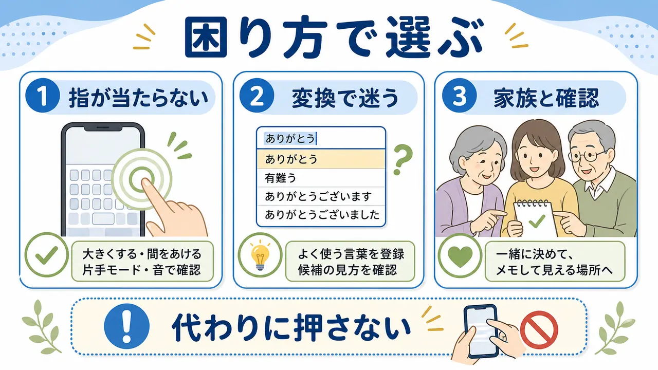 スマホ文字入力の困り方別に練習方法を選ぶ図
