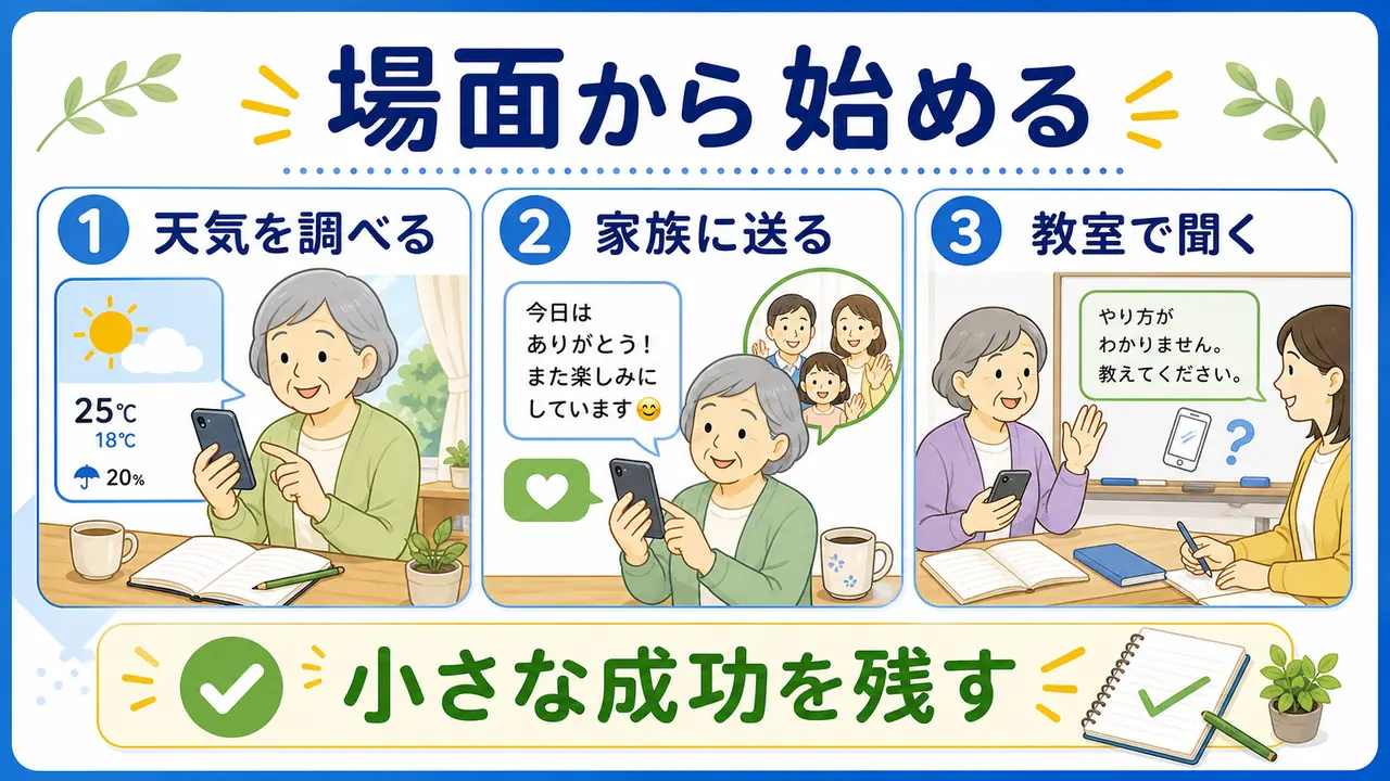 スマホ文字入力を生活の場面から少しずつ続ける図