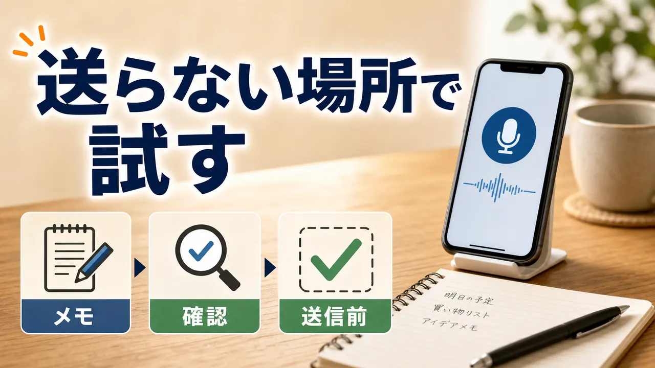 スマホのメモ画面で短い一文を音声入力する流れを示す図