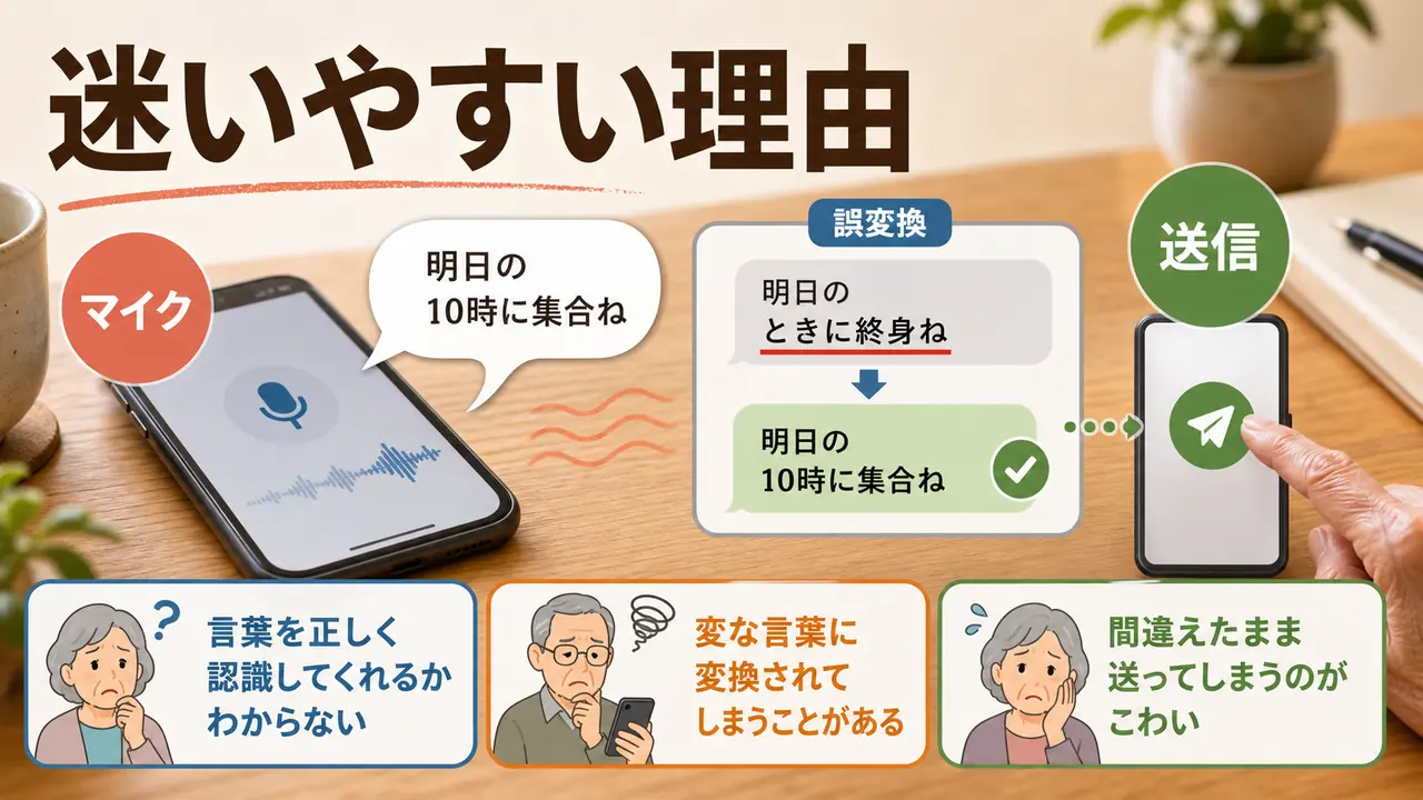 マイク、話す速さ、誤変換、送信不安を分ける図
