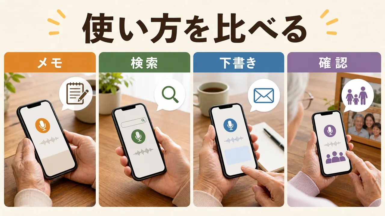 メモ、検索、家族への連絡、講座練習を比べる図