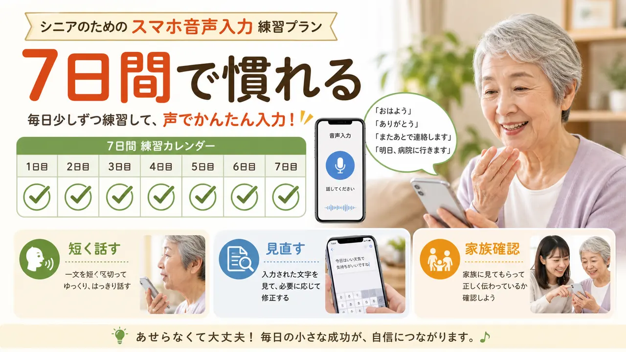 音声入力を7日間で短文から連絡文へ進める図