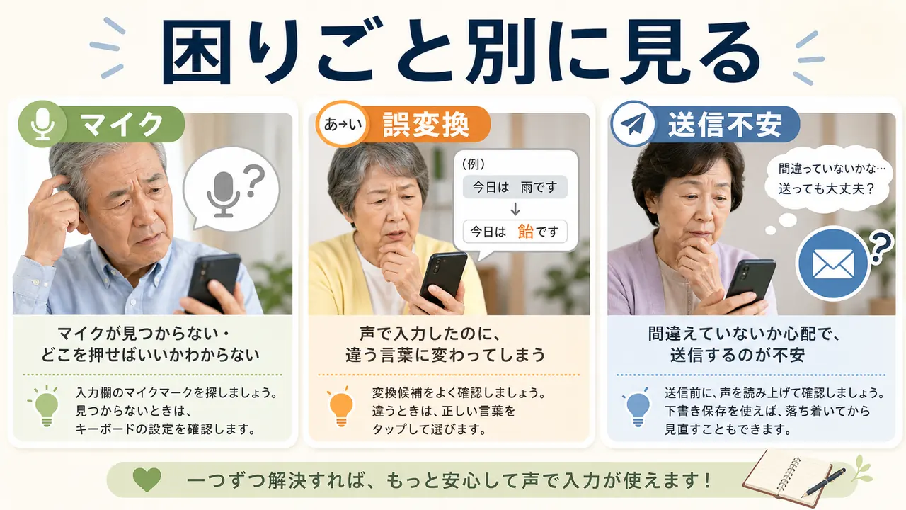 反応しない、誤変換、声が小さい、送信不安のケース図